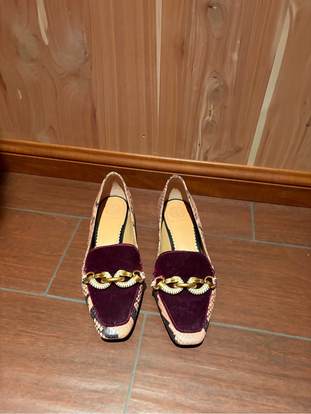 Tory Burch Women's Burgundy Velvet and Snake-Print Chain Loafers